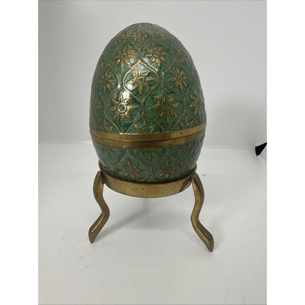 Solid Brass Faberge / Cloisonne Egg On Stand Enamel 6” Trinket Box